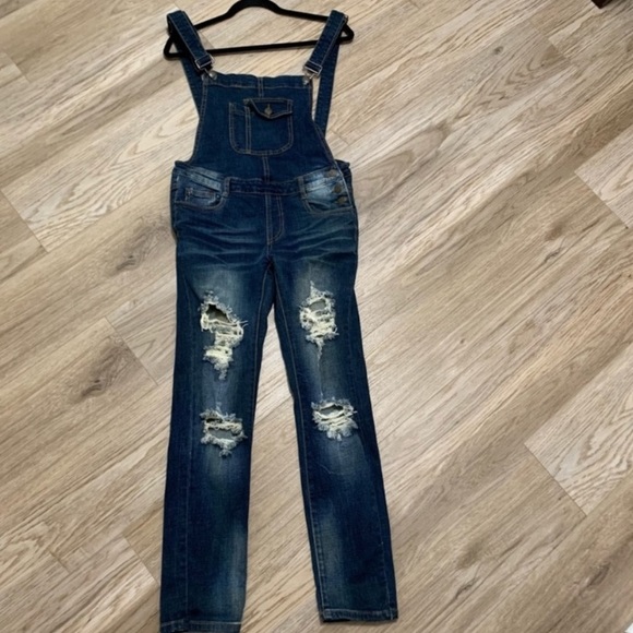 Machine Dark Wash Distressed Overalls Juniors Large - Picture 1 of 12